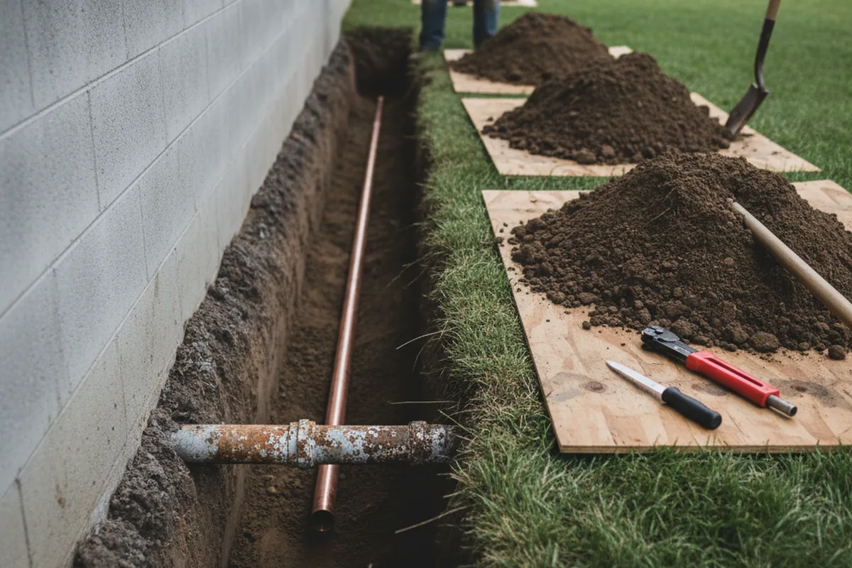 Excavated water line trench during Sewer Line Repair in Patoka